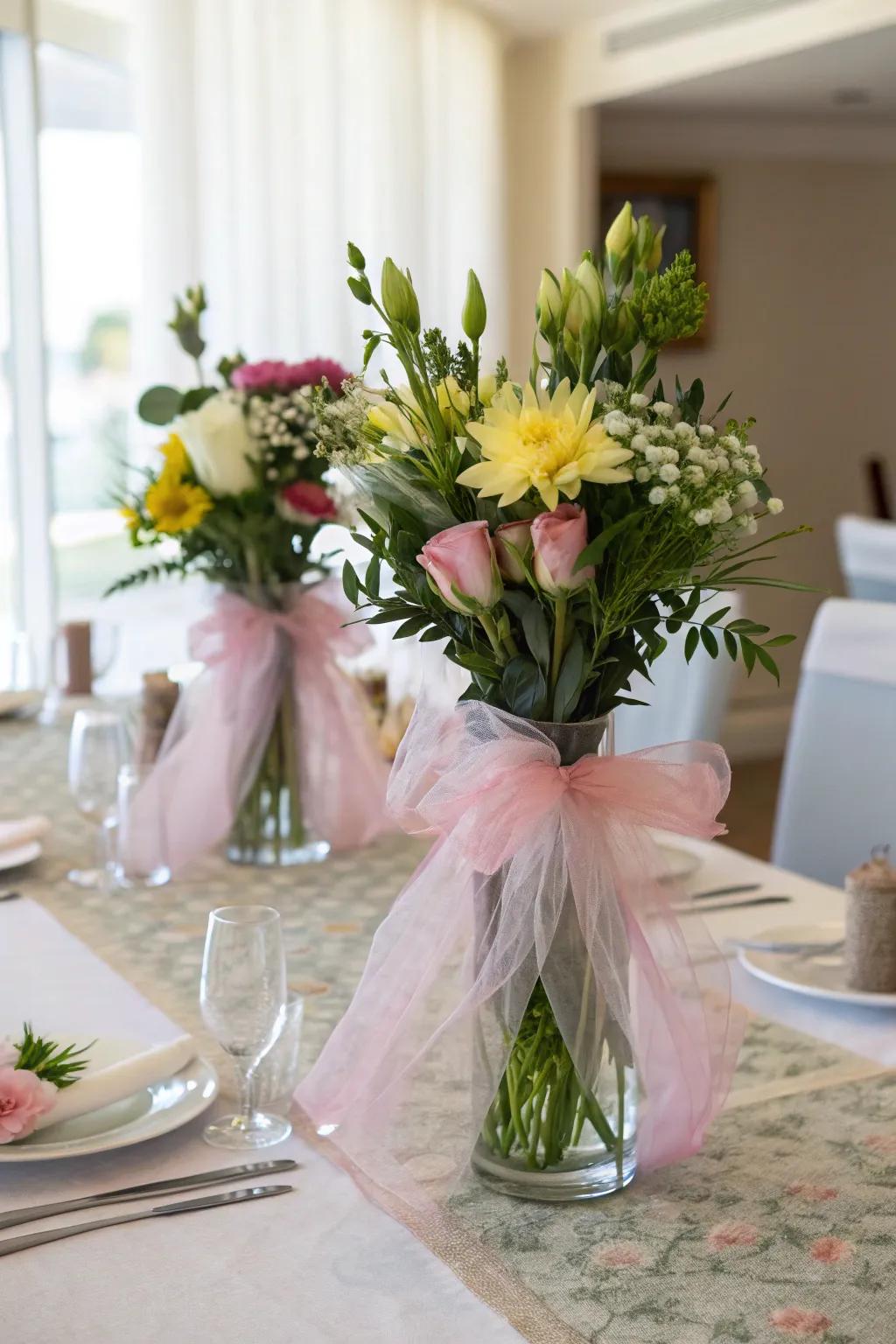 Enhance your floral arrangements with tulle-wrapped vases.