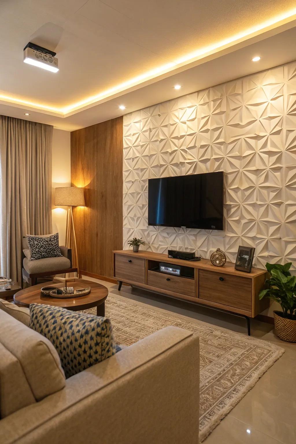 Textured panels add depth and interest to this TV accent wall.