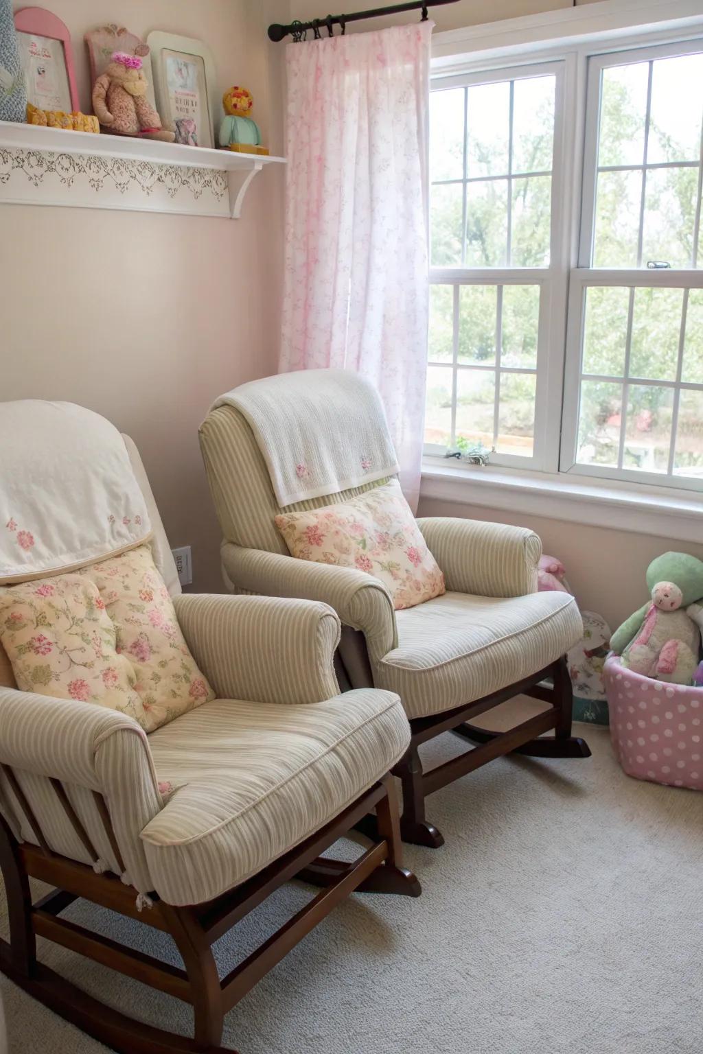 Dual rocking chairs offer comfort and ease for soothing twins.