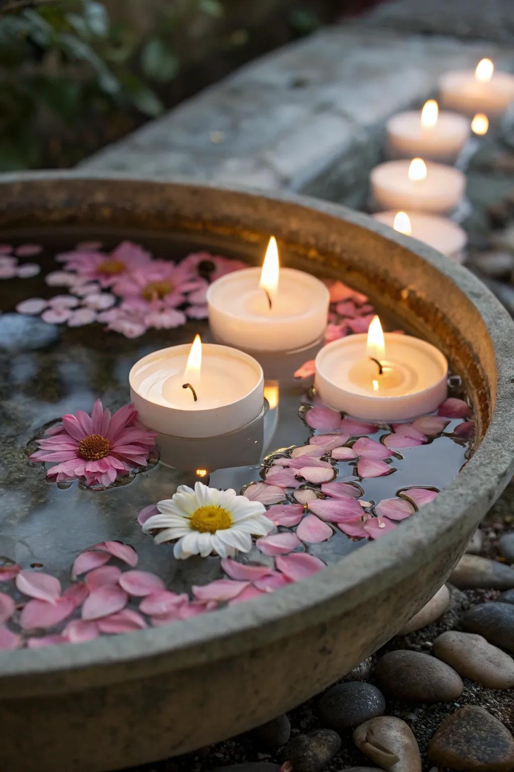 Floating votive candles create a mesmerizing centerpiece.