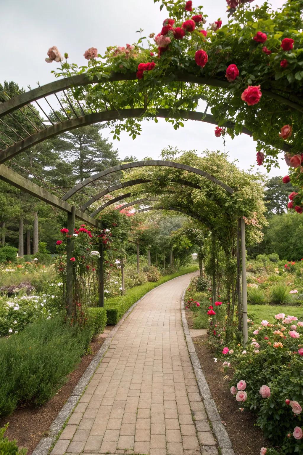 Arched trellises offer framework and romance to routes.
