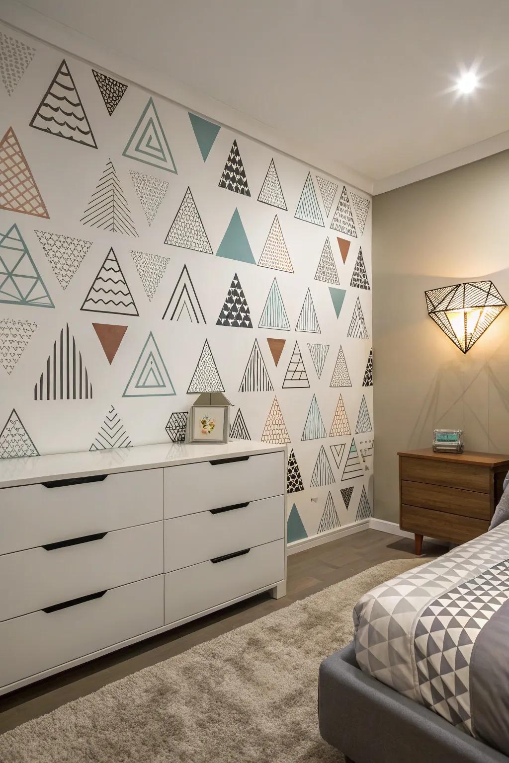 Geometric decals add a modern and structured look to the bedroom.