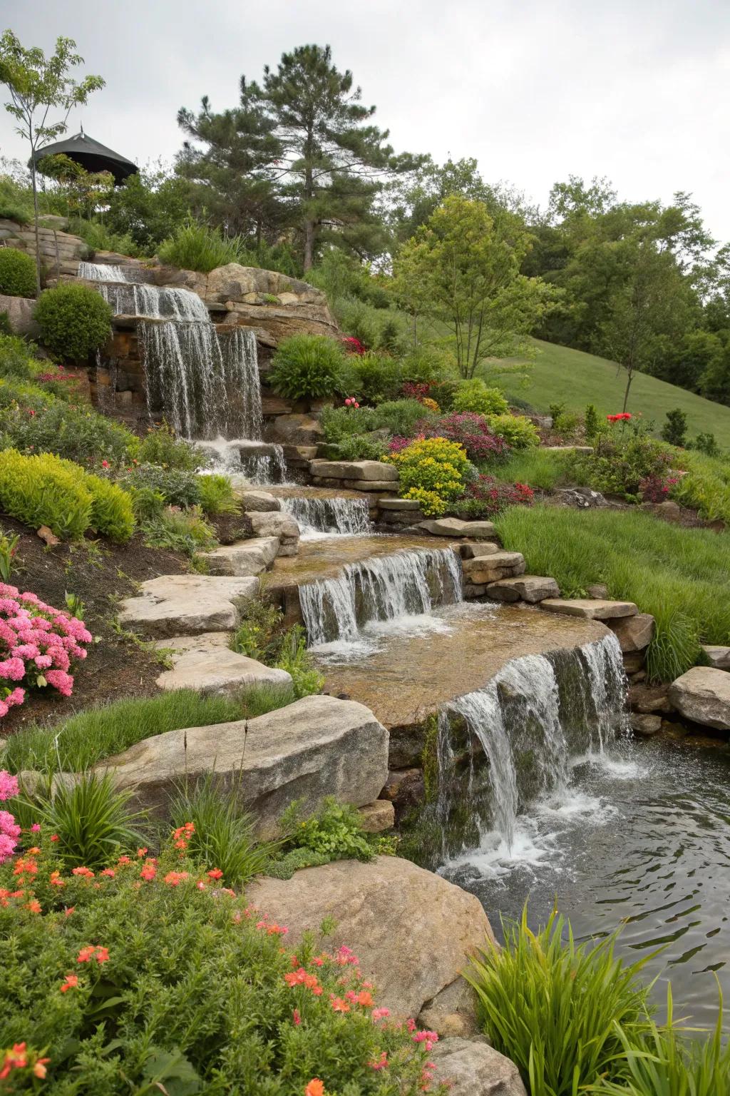 A waterfall on a slope adds dynamic interest to your garden.