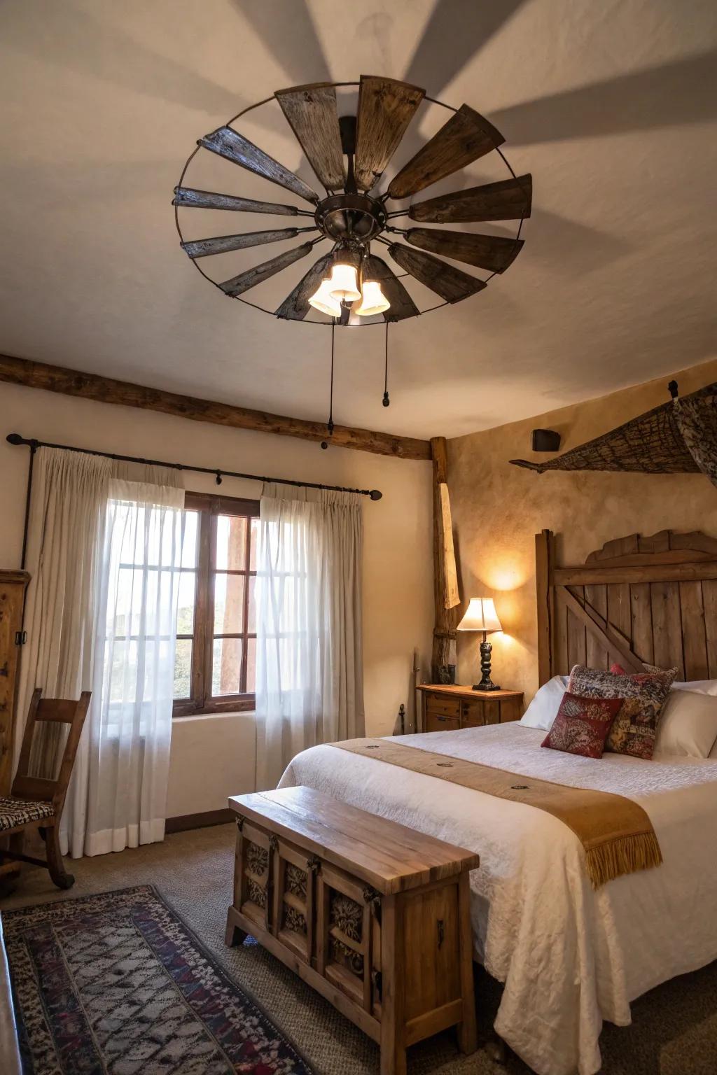 A windmill ceiling fan adds a unique countryside charm.