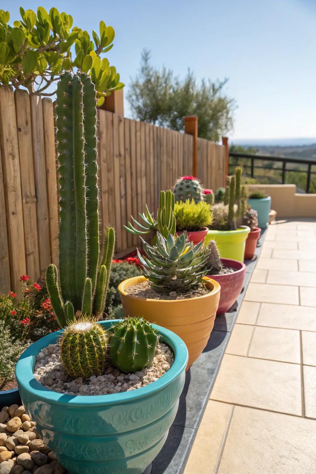 Cacti and succulents add a desert feel to the patio.