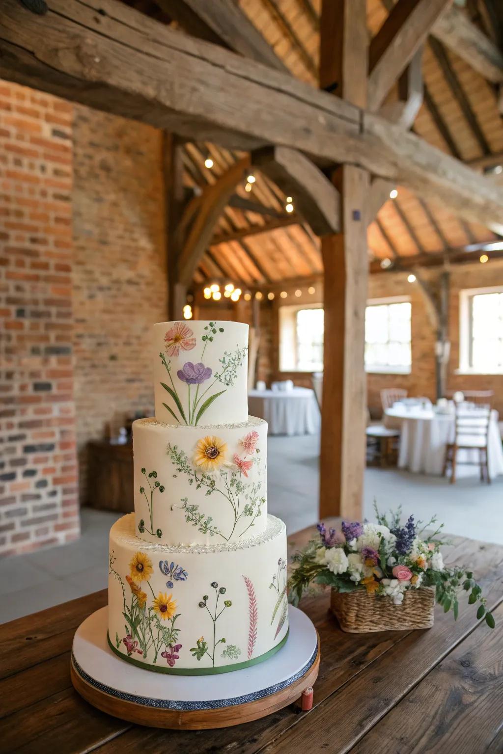 Cake with intricate hand-painted wildflowers.