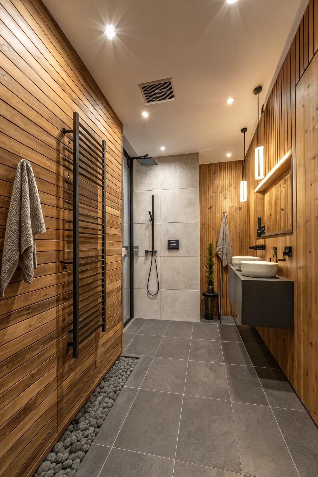 Wood paneling adds a cozy, Scandi touch to the wet room.