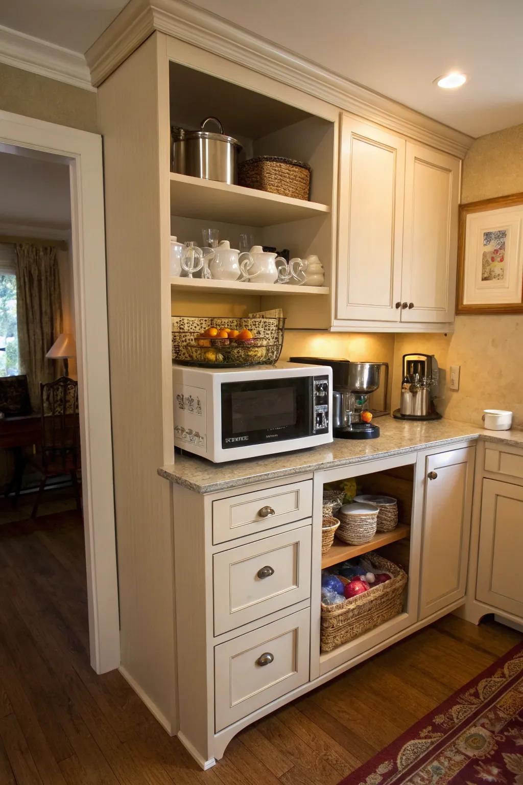 A custom cabinet featuring a neatly stored microwave.