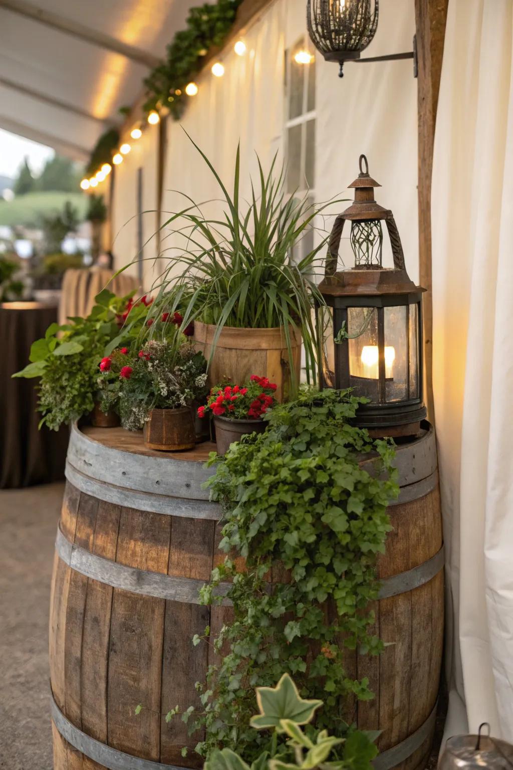 A vintage botanical space setup with cask and old lighting.