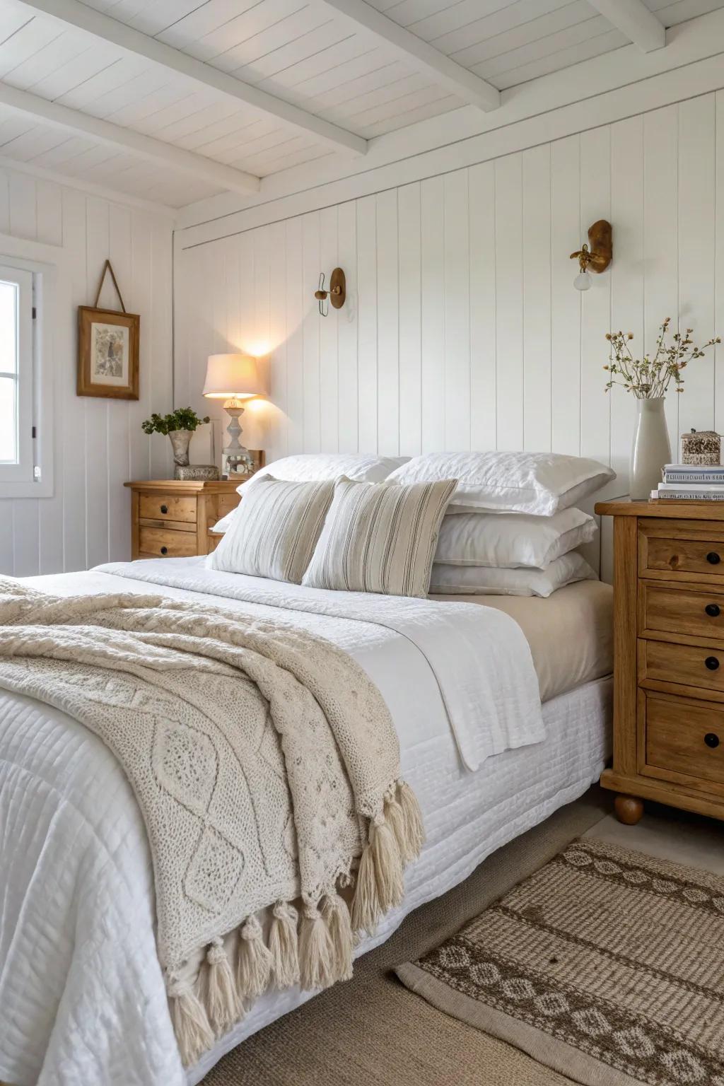 Layered bedding adds luxury and comfort to a white bedroom.