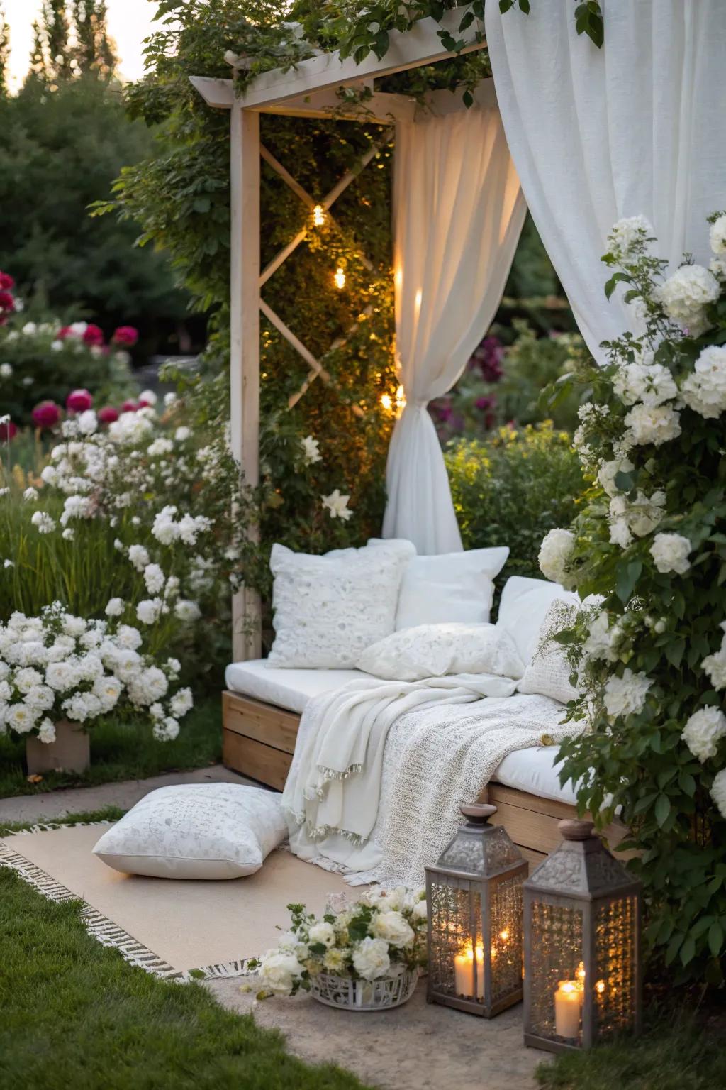 A serene garden nook with white decor invites relaxation.