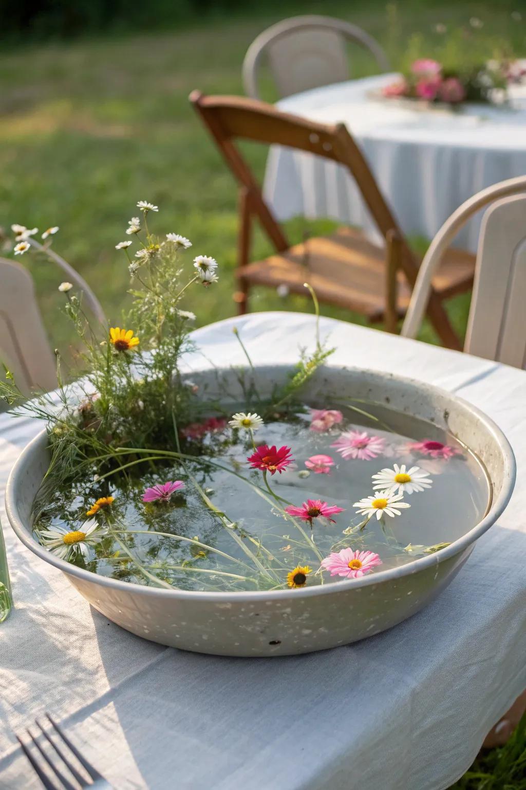 Wildflowers submerged in water make a refreshing centerpiece.