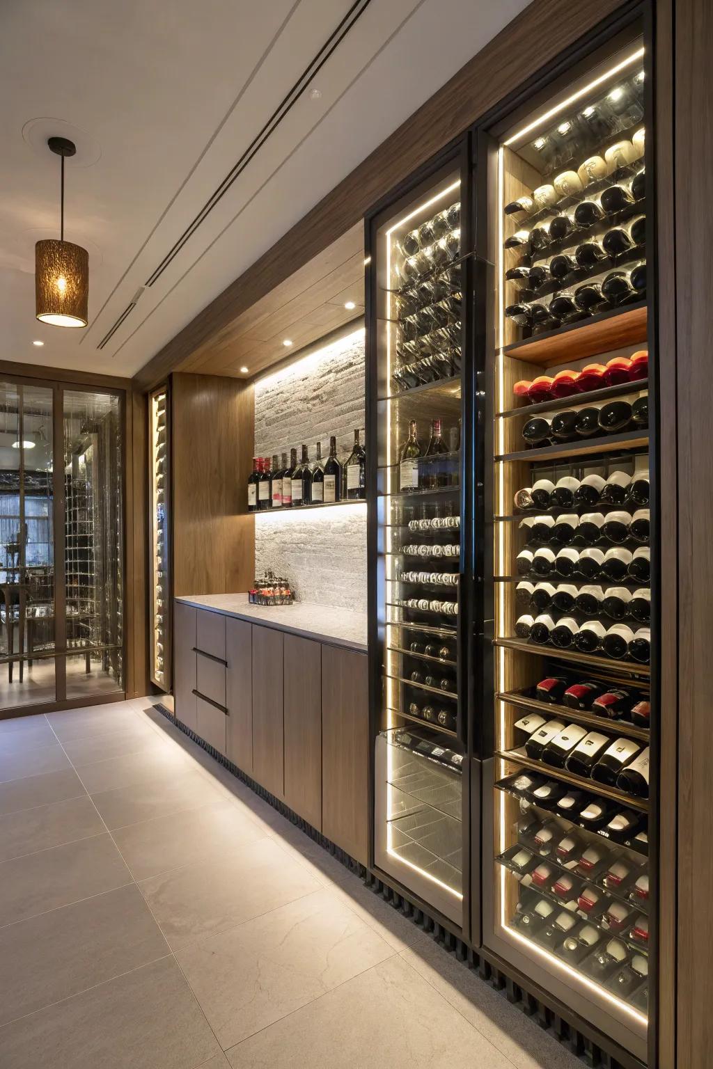 Wine bottles displayed as art against illuminated walls.