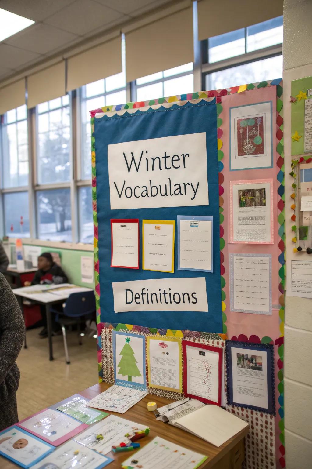 A vocabulary corner enriches the bulletin board with winter-themed learning.