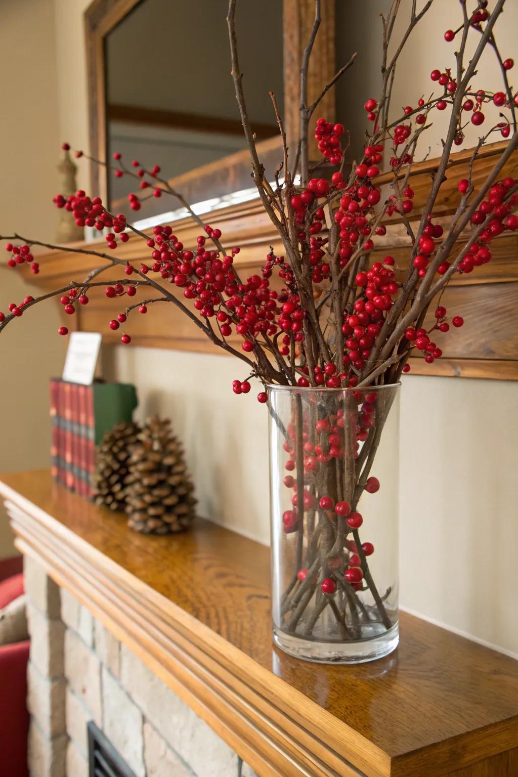 Berry branches offer a vibrant contrast in winter decor.