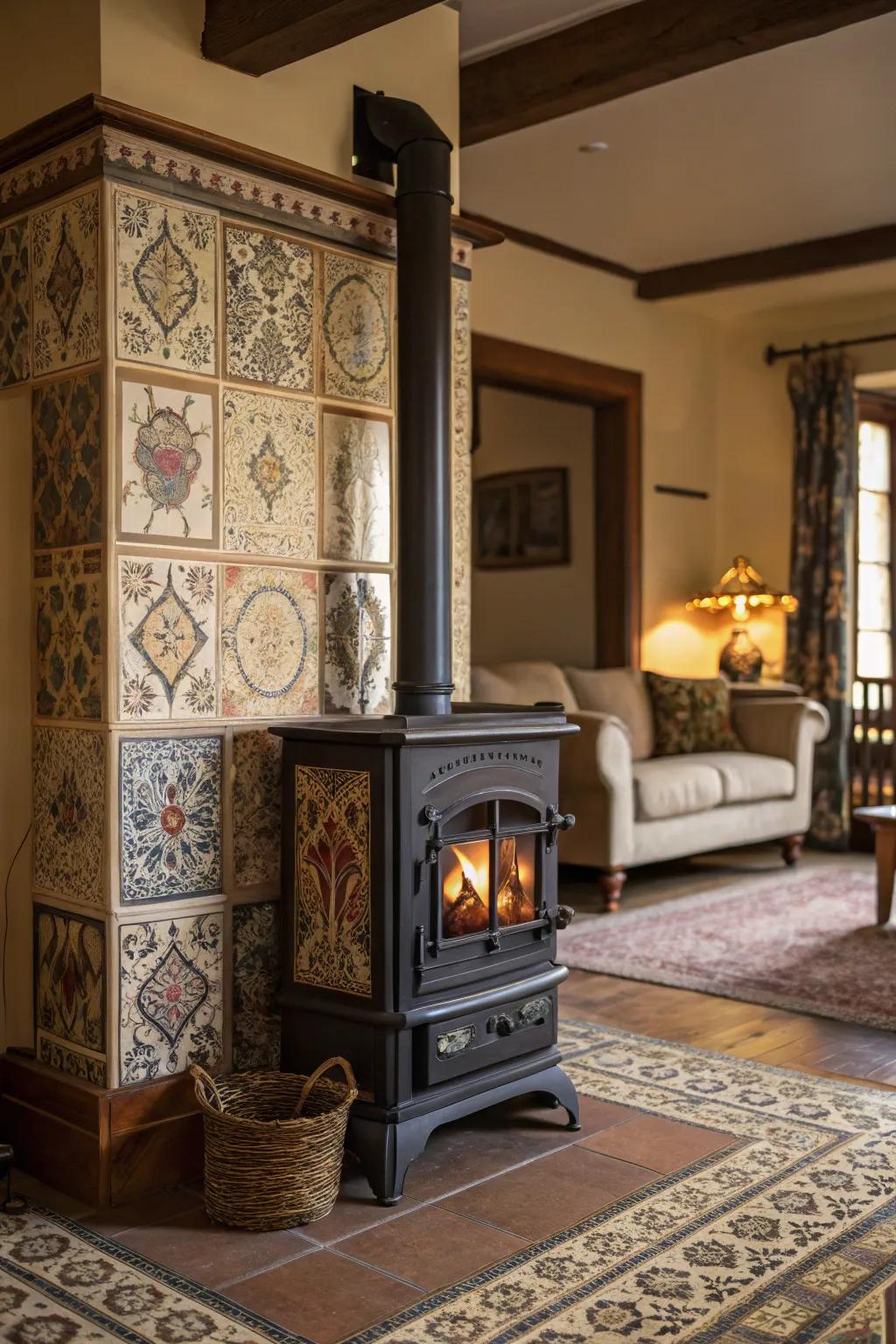 Victorian-style tiles add classic charm to any wood stove surround.