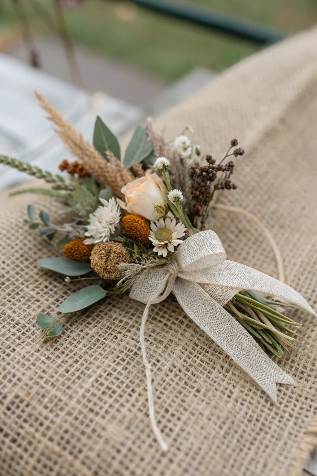 Relaxed bohemian wrist adornment featuring dried flowers.