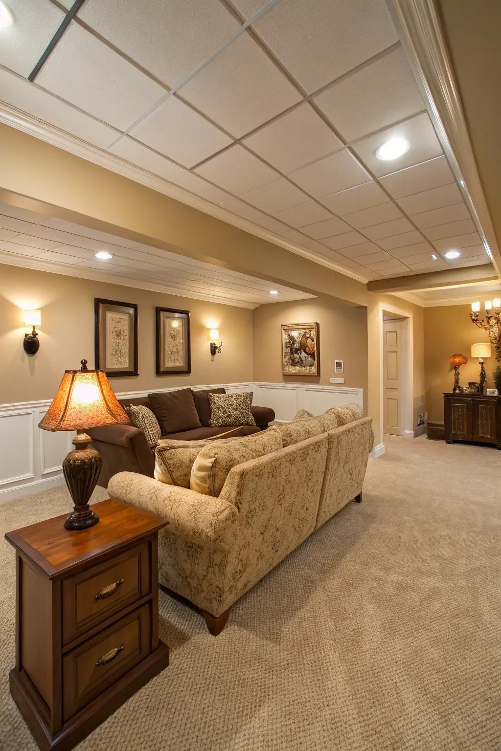 Neutral and warm colors enhance the coziness of your basement.