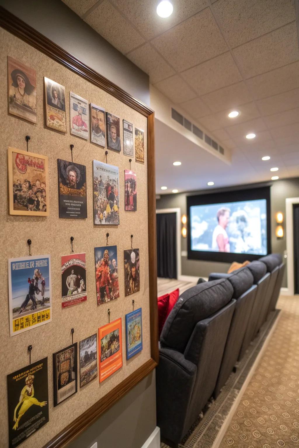 Classic 80s movie posters on a bulletin board in a home theater.