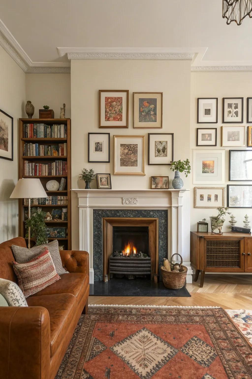 A gallery wall transforms the fireplace into a personal art display.