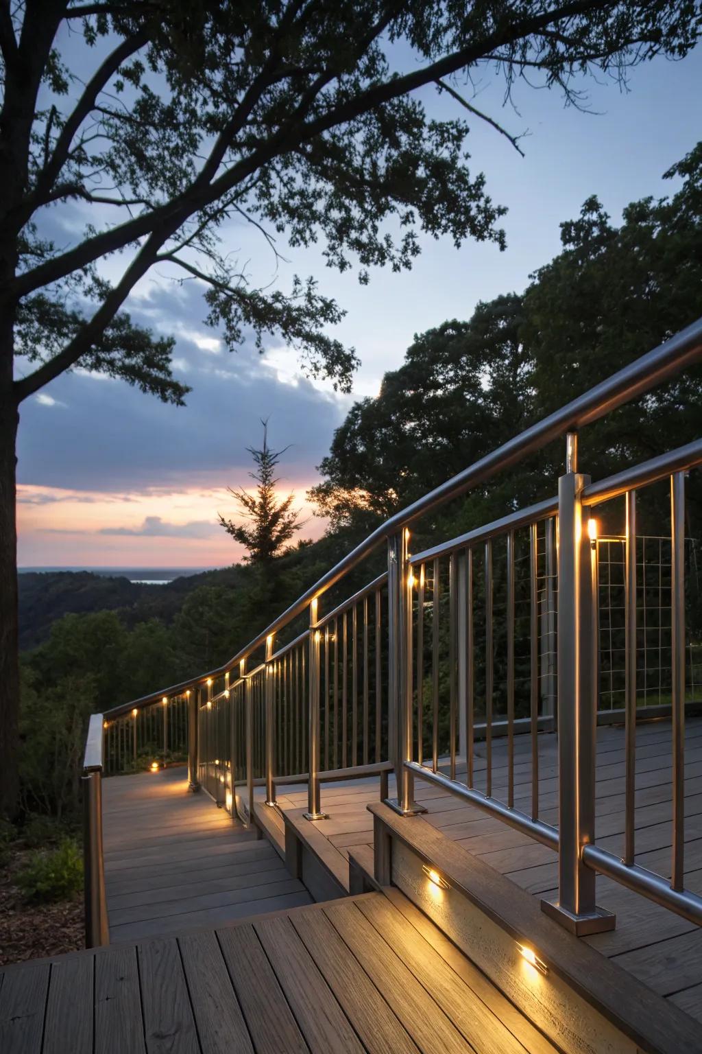 Aluminum railings with lighting creating a magical evening ambiance.