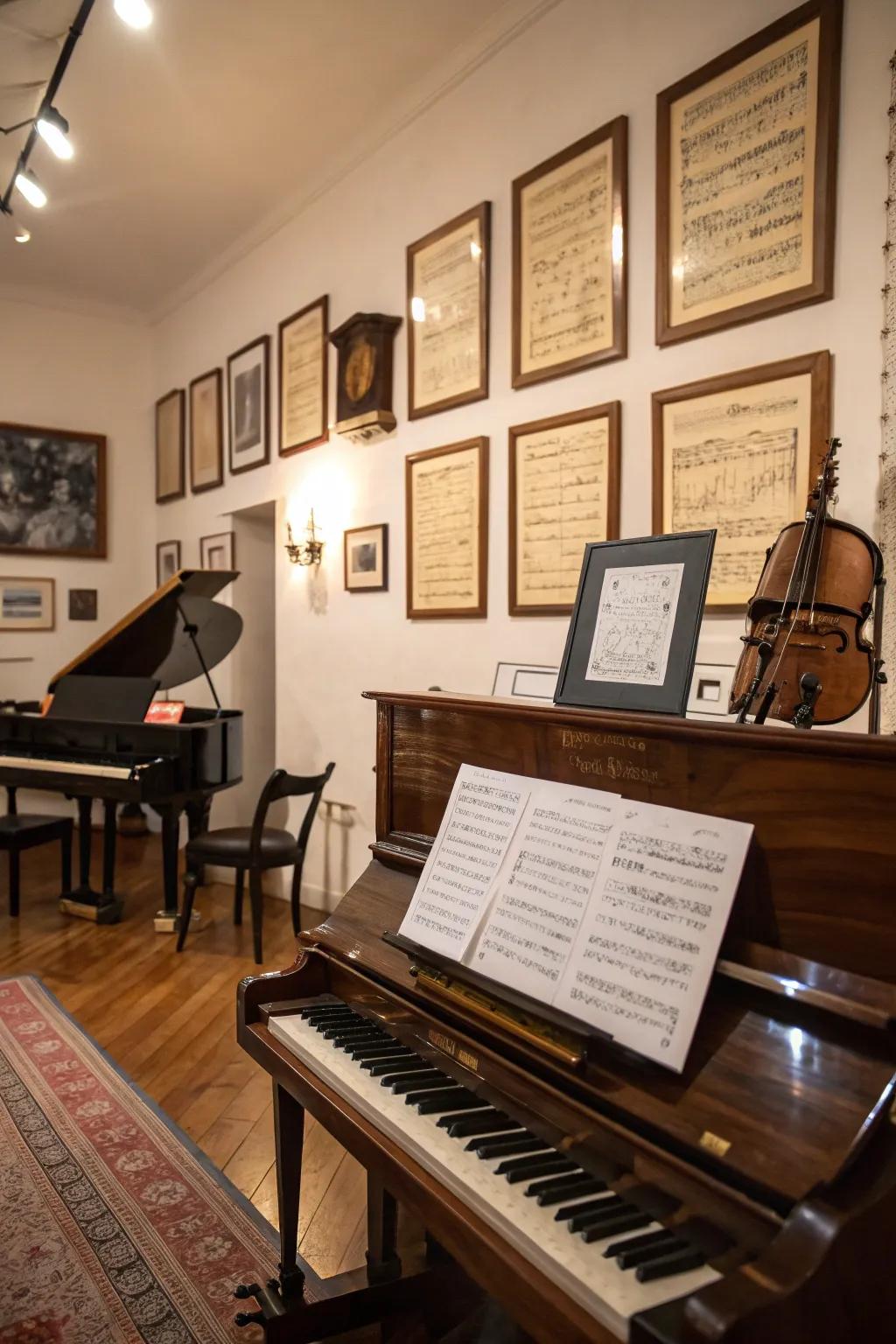 Framed sheet music adds literary and musical charm.