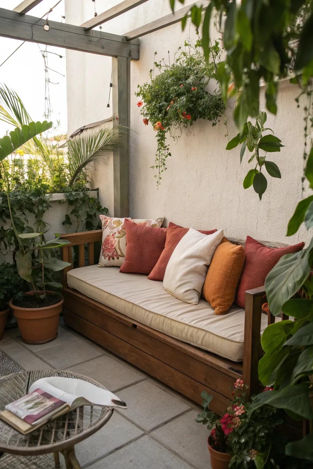 A corner bench creates a cozy nook for relaxation.