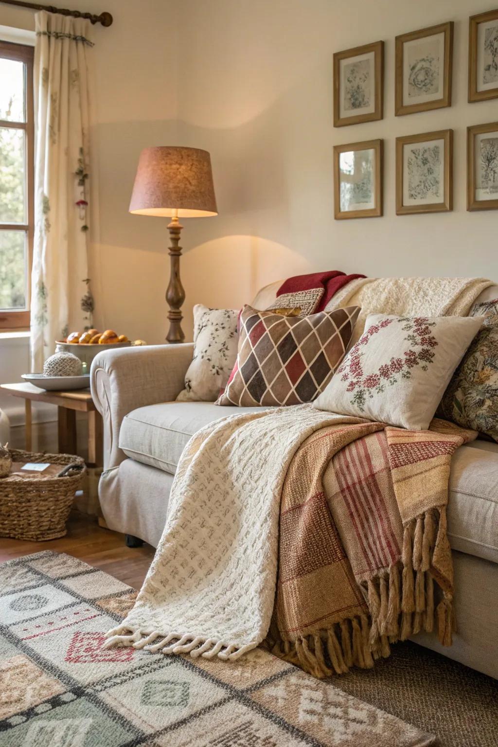 Layered fabrics add warmth and texture to this small living room.