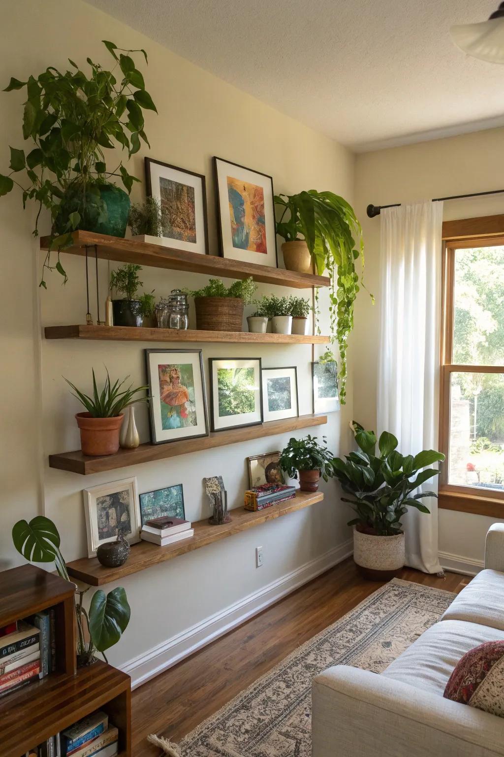 Floating shelves elegantly maximize vertical space.