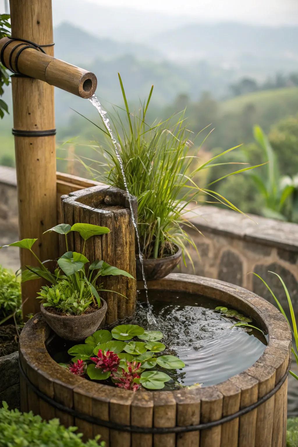 A lush bamboo fountain planter showcasing vibrant plants.