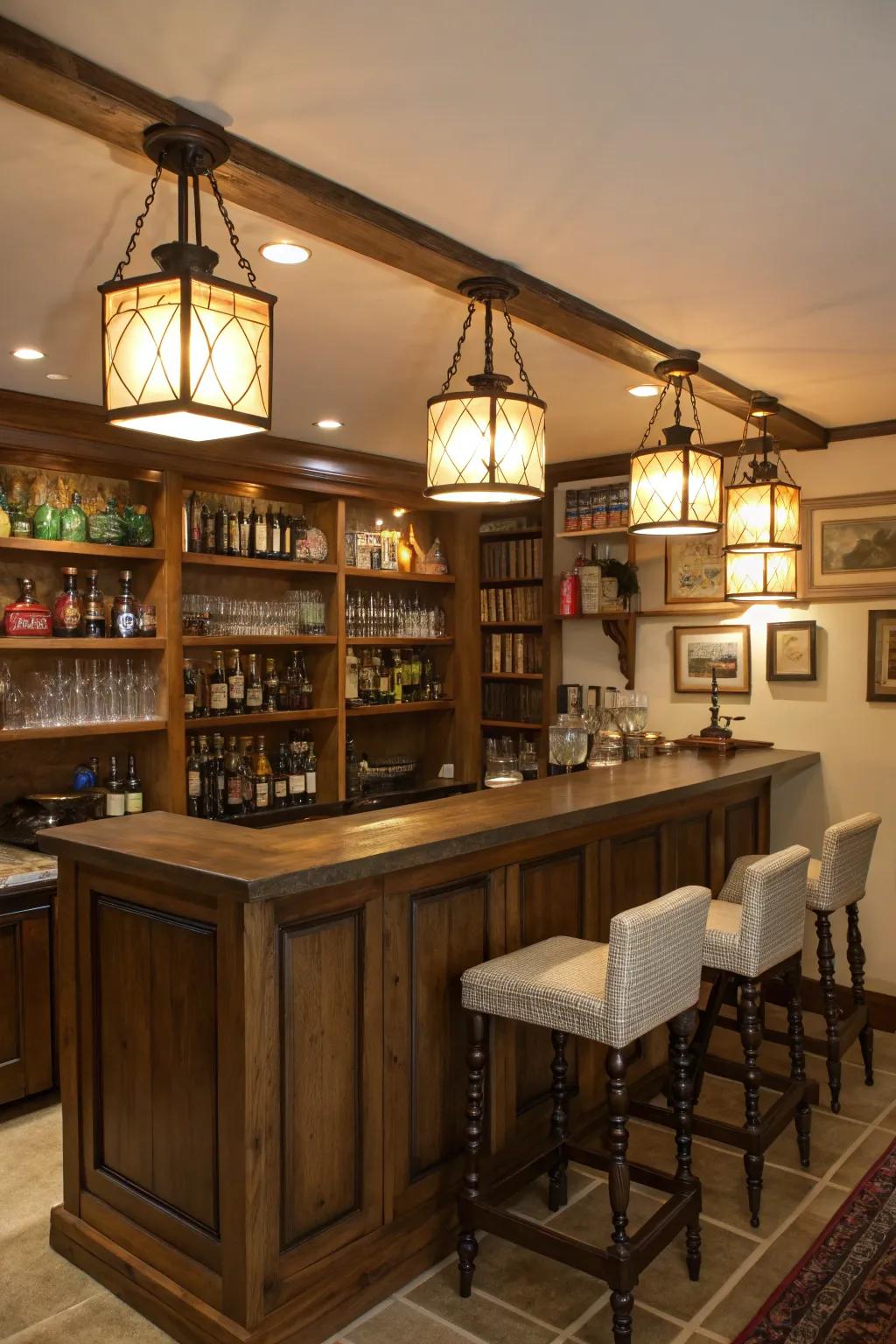 Rustic lanterns add vintage charm to the bar.