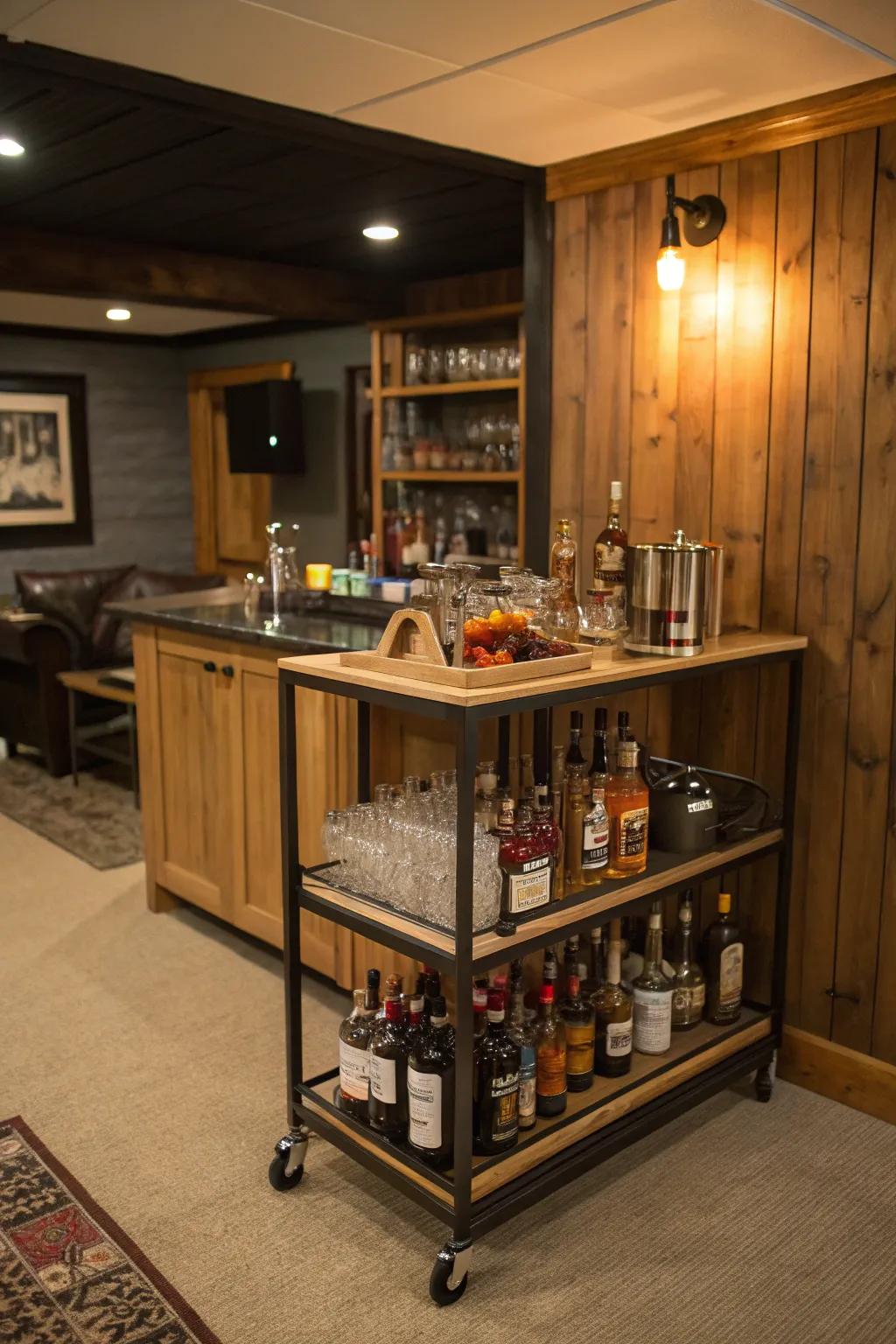 A bar cart adds flexibility and style to your basement setup.