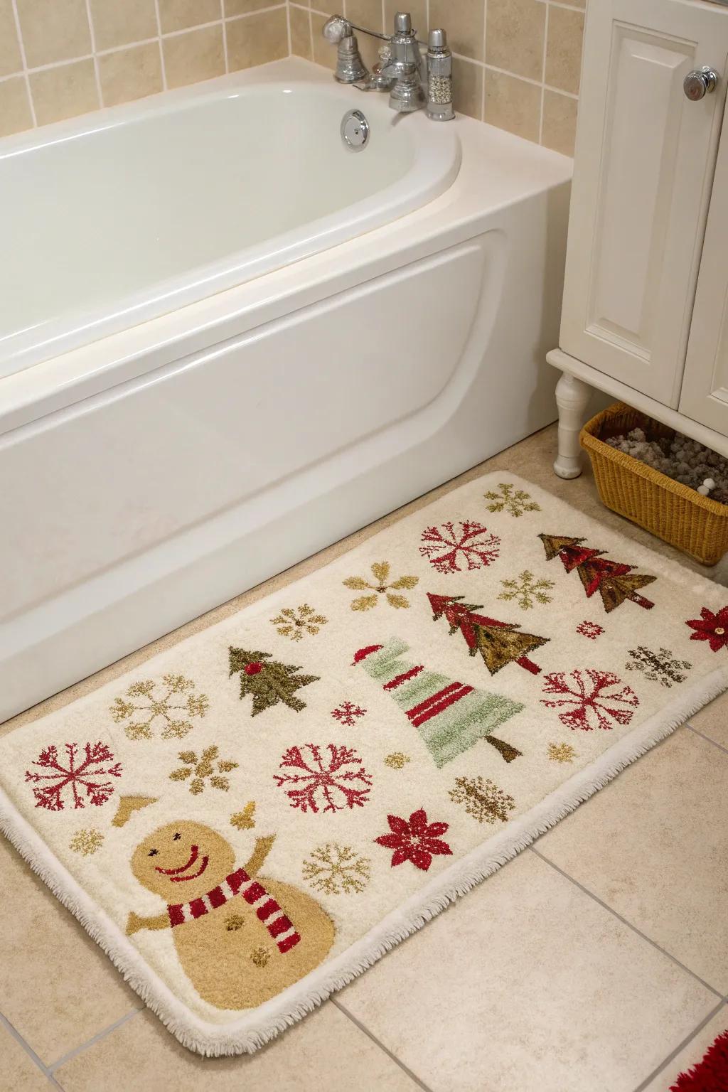 A holiday-themed bath mat adds warmth and style to this bathroom.