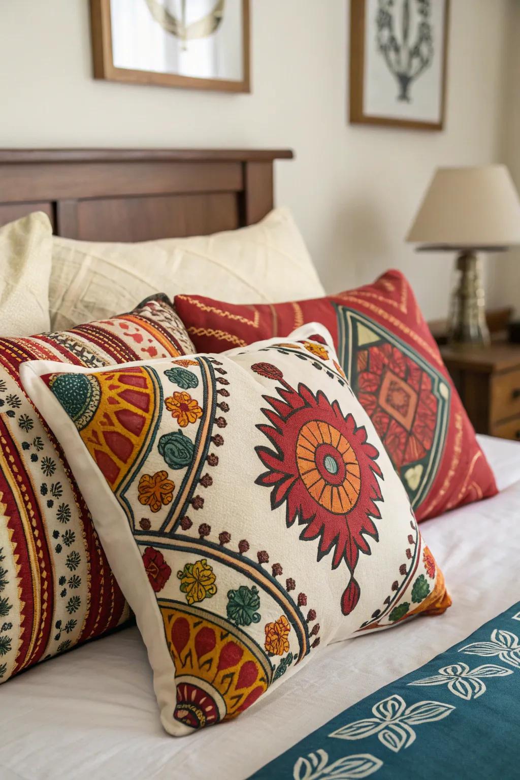 Fuse cultural patterns for a rich and layered pillow arrangement.