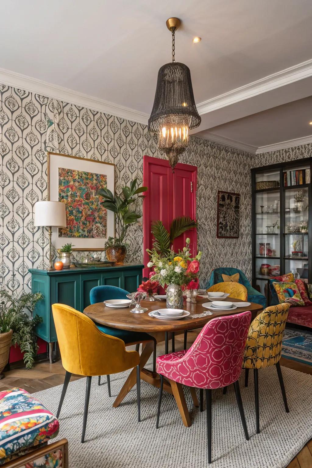 Patterned walls add character and playfulness to dining areas.