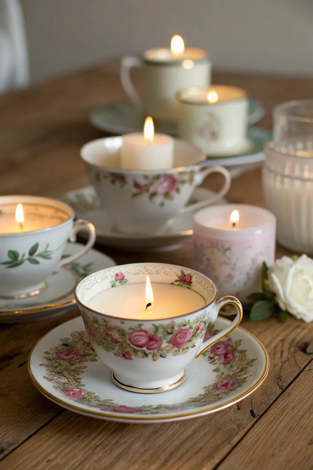 Craft ambiance with teacup candles.