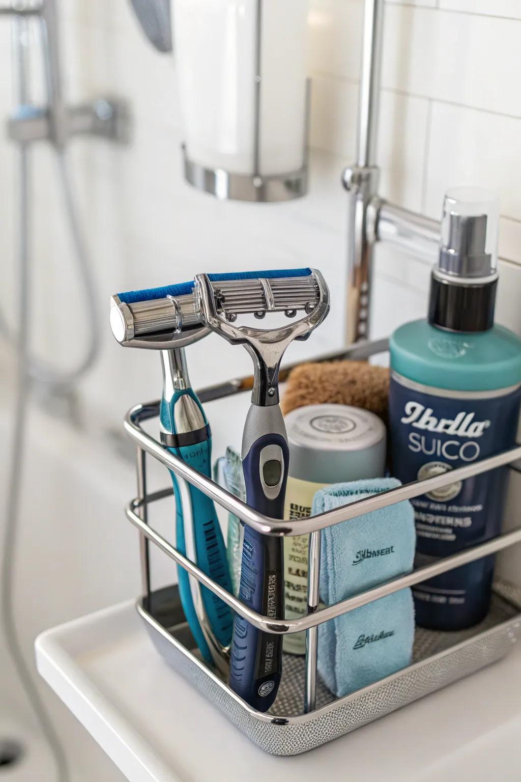 Enhance convenience with a shower caddy featuring built-in razor holders.