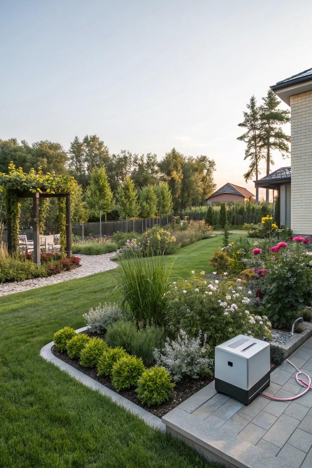 A smart garden system ensures a vibrant outdoor space, using technology to manage plant care efficiently.