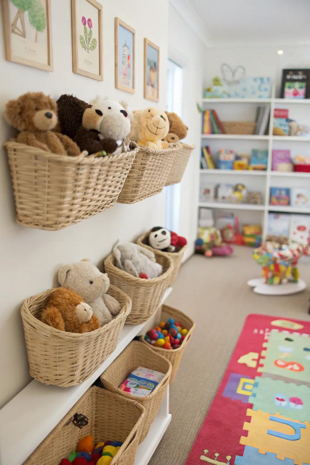 Hanging baskets bring a playful touch to toy storage.