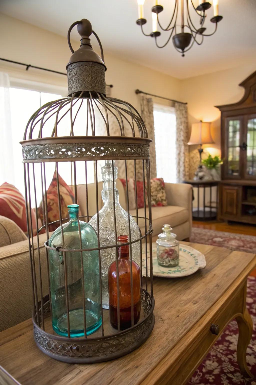 A bird cage showcasing a beautiful vintage collection.