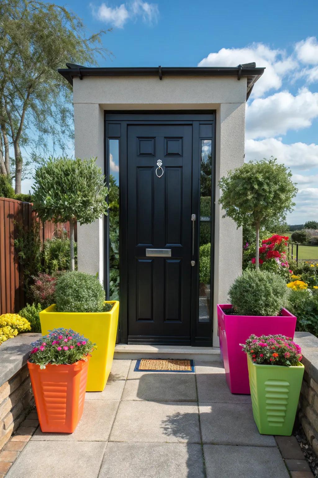 Bright planters enliven a sophisticated black front door.