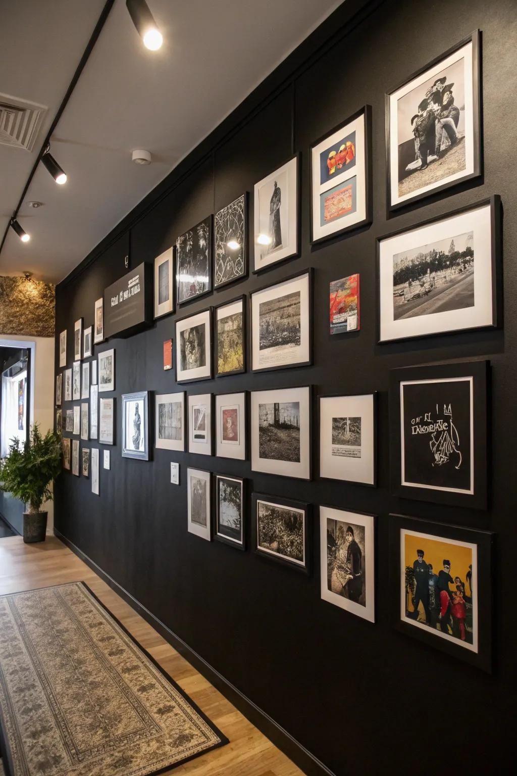 A gallery wall on a black backdrop.