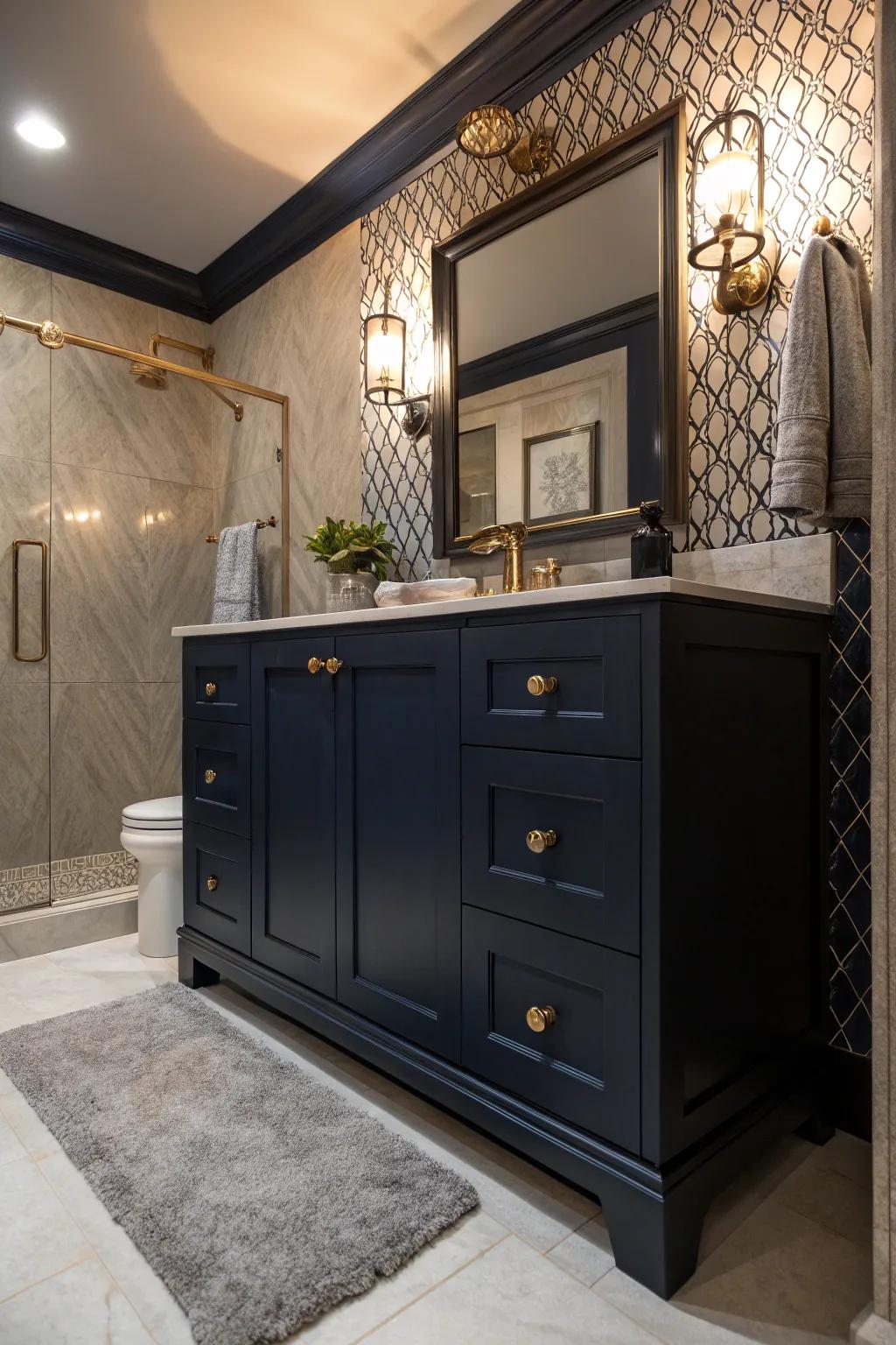 Dark navy and dramatic lighting create a luxurious, moody ambiance.