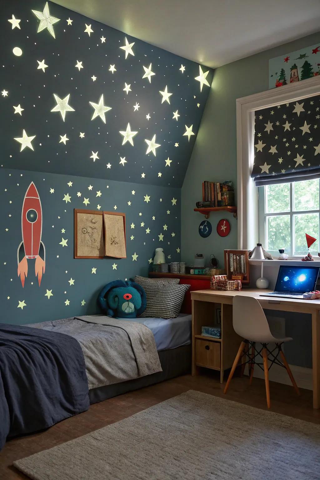 Theme walls add a touch of magic and wonder to a boys bedroom.