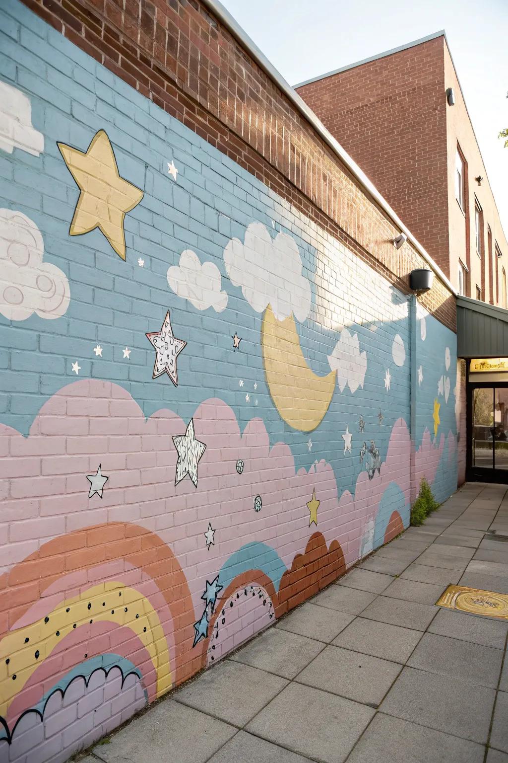 Whimsical nursery mural fosters imagination on a brick wall.