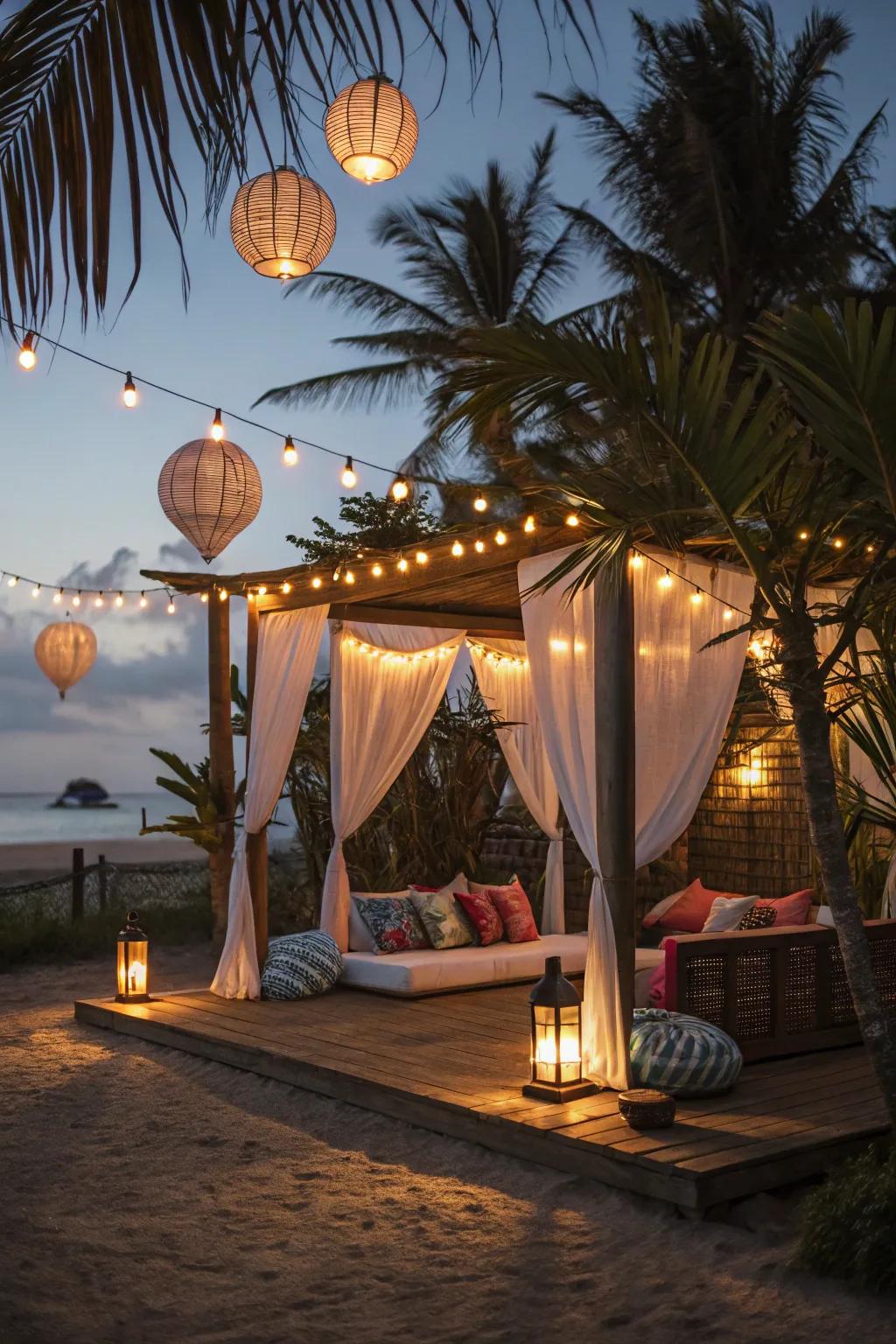 A mesmerizing cabana illuminated with decorative lighting to enhance ambiance.