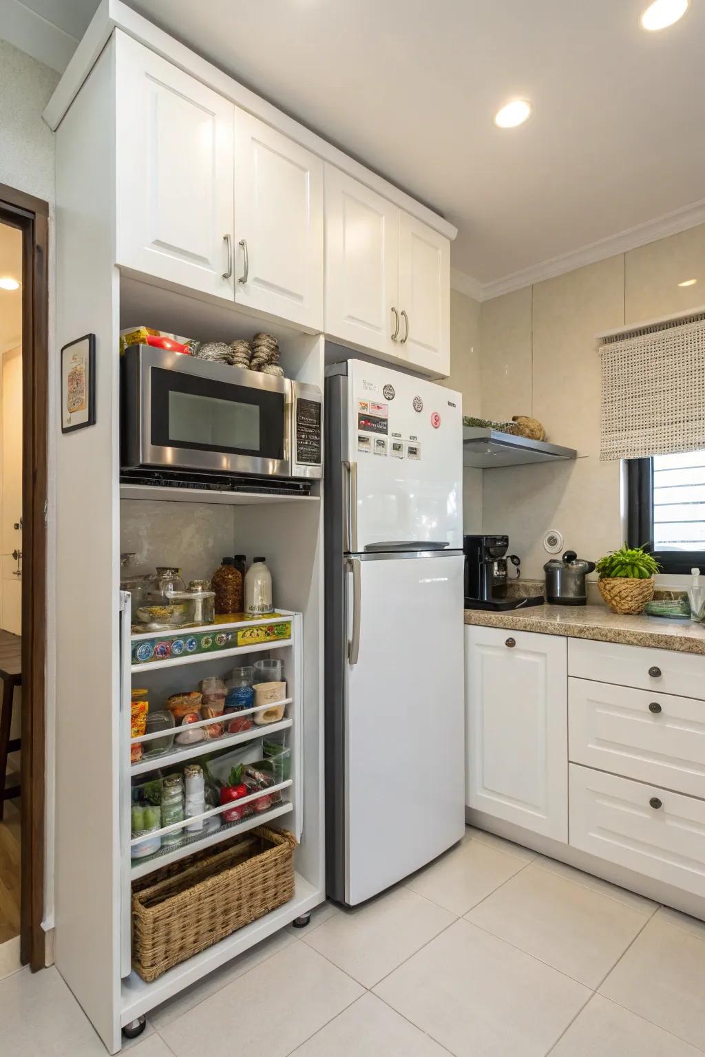 A microwave nook above the fridge helps save valuable counter space.