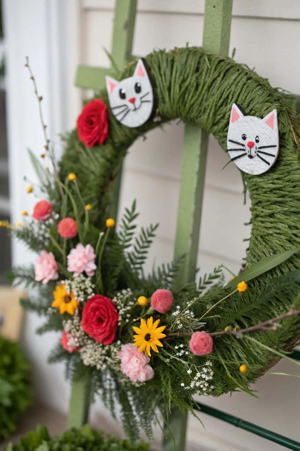 A whimsical pipe cleaner cat wreath that sparks creativity.