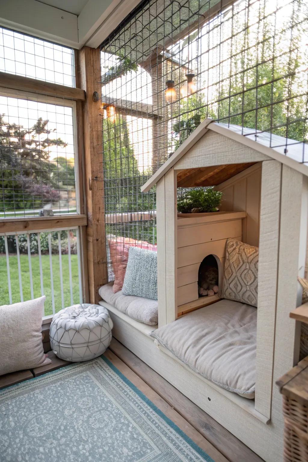 A snug hideaway nook in a catio, offering privacy and comfort for cats.