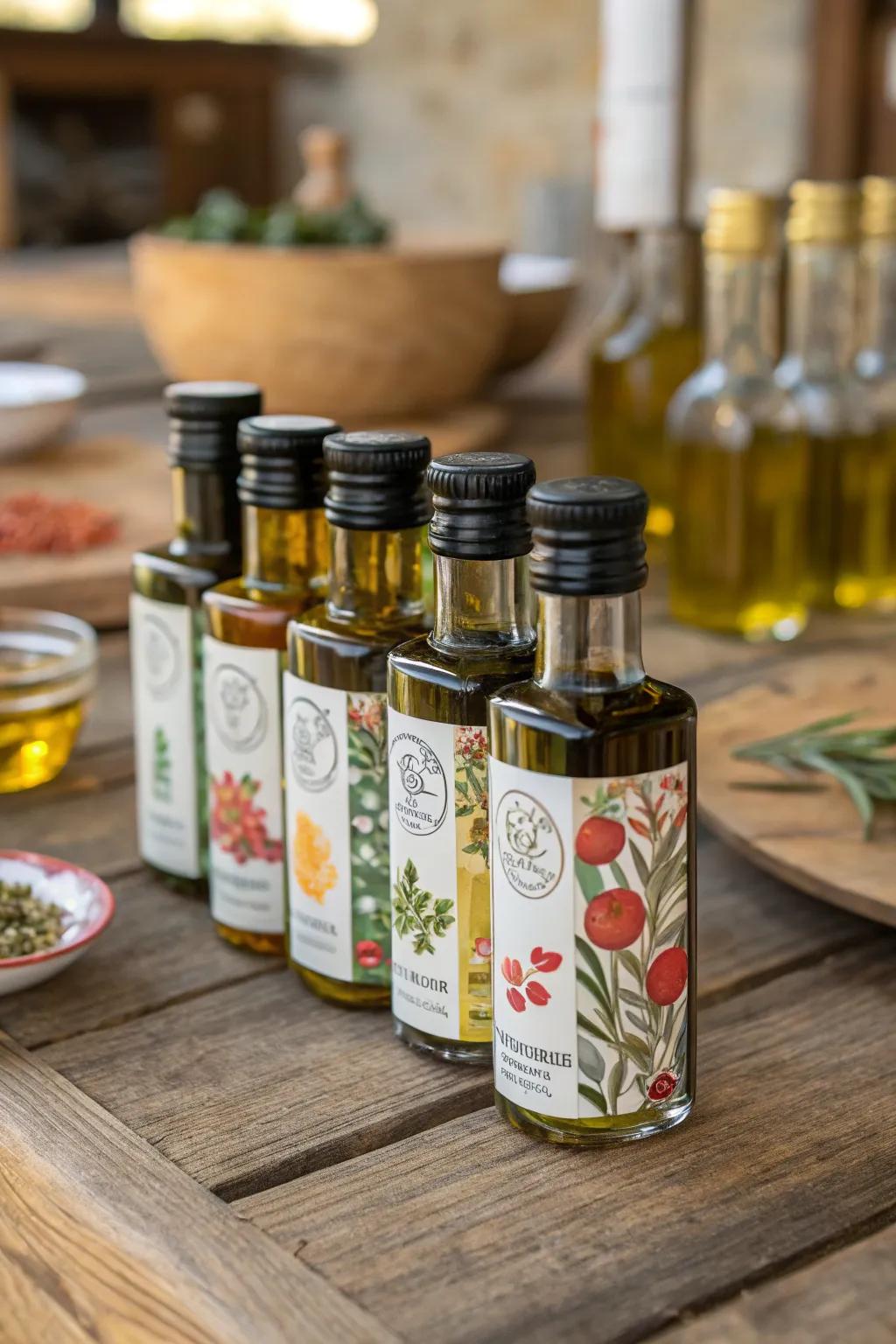 Mini olive oil bottles add a gourmet touch to your wedding favors.